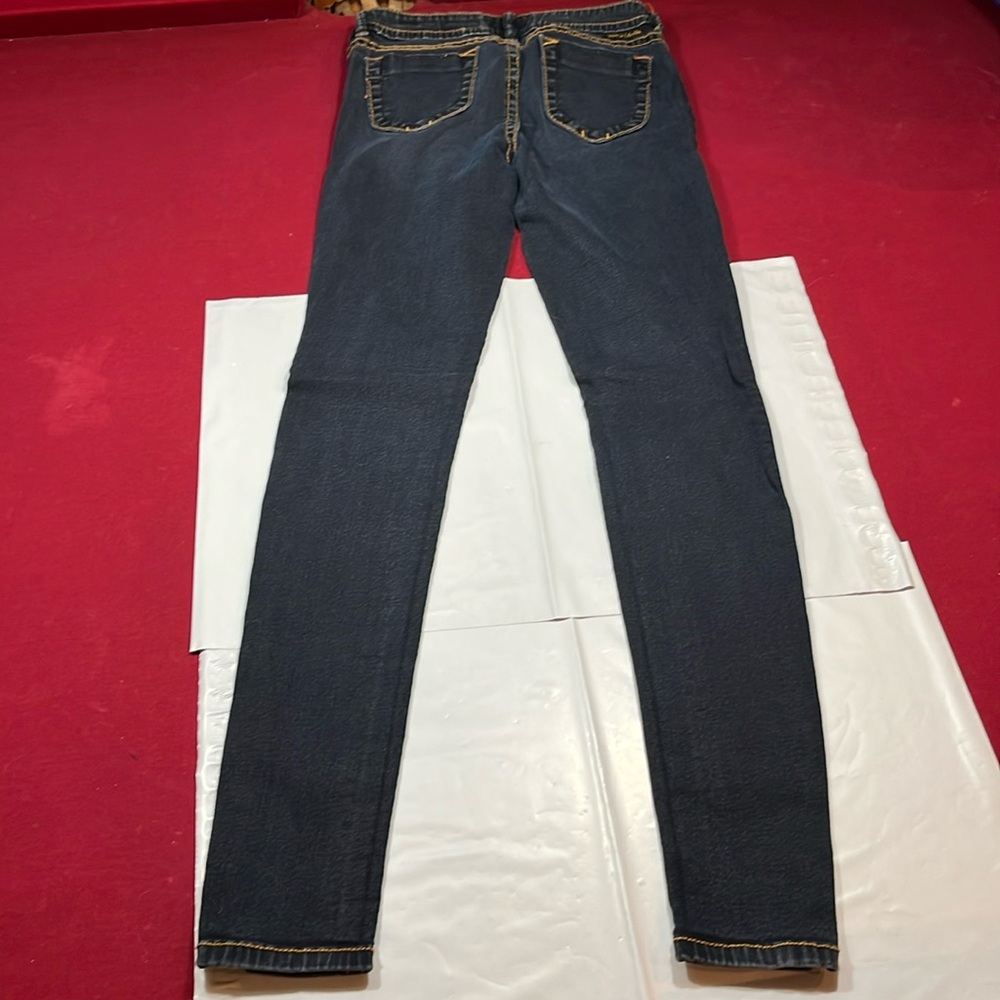 MEK DNM dark BLUE JEANS Kazan legging 29/32 Low Rise yellow stitch GEM button 29
